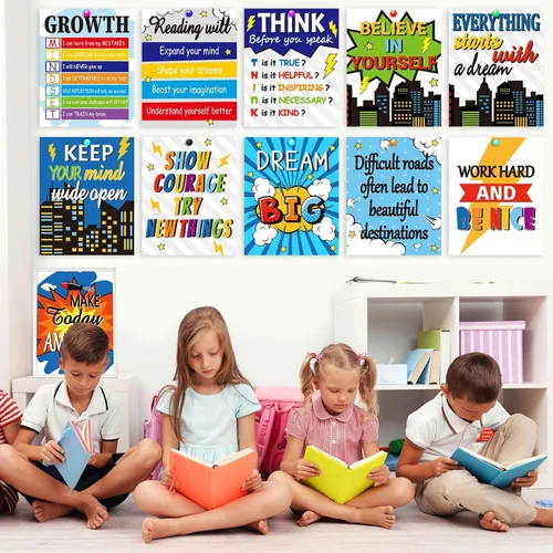 Vista 7 de ZOIIWA 12 pósteres con cita inspiradora de héroe temático, decoración de aula con temática de héroe, juego de recortes motivacionales de mentalidad