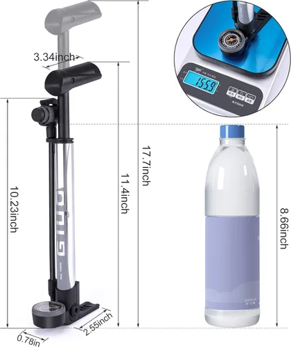 Vista 6 de Mini bomba de bicicleta con medidor – Bomba portátil para neumáticos de bicicleta – Bomba de aire de bicicleta de 120 PSI se adapta a Presta &