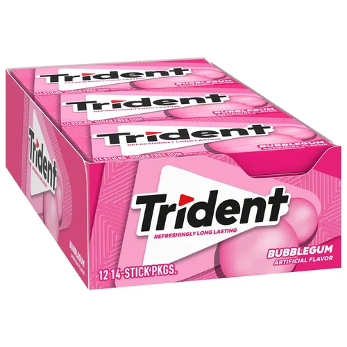 Vista 10 de 12 paquetes de 14 unidades cada uno; es decir, en total son 168 unidades de goma de mascar Trident Bubblegum sin azúcar sabor chicle. Accesorios