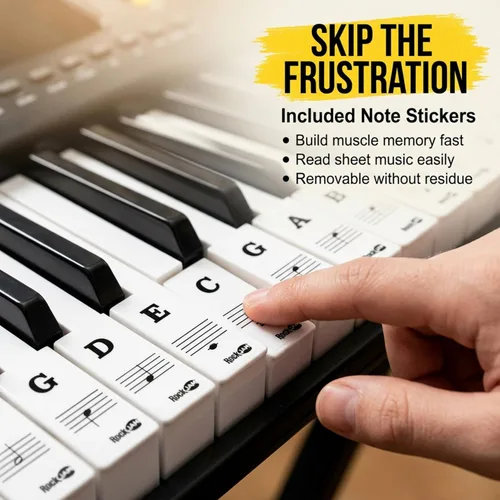 Vista 6 de RockJam - Teclado compacto de 61 teclas con soporte para partituras, fuente de alimentación, calcomanías para notas de piano y lecciones de Simply