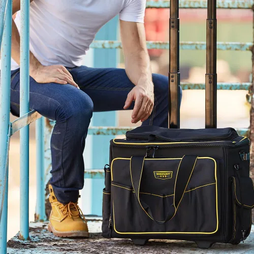 Vista 11 de WINHUNT Bolsa de herramientas con ruedas de boca ancha de 18 pulgadas, 32 bolsillos con mango telescópico y 2 ruedas, color negro
