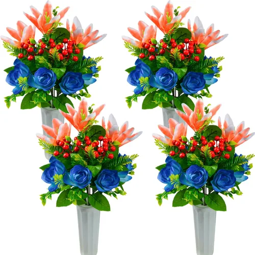 XONOR Flores artificiales de cementerio para tumba, juego de 4 flores artificiales, ramo de flores conmemorativas con jarrón para cementerio al aire
