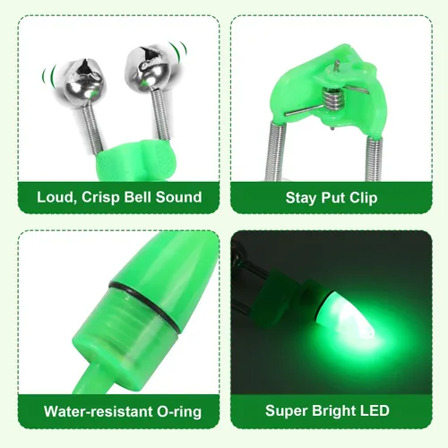 Vista 5 de 25 campanas de caña de pescar con luces de punta, alarmas de mordedura de pesca dobles para cañas de pesca, luces LED brillantes para pesca