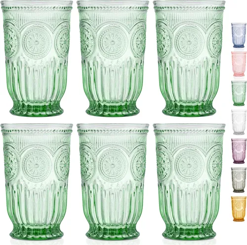 Vista 14 de Juego de vasos de beber ámbar Yungala, conjunto de 6 vasos de vidrio ámbar, vasos pequeños de agua de 8 oz, vasos de hobnail aptos