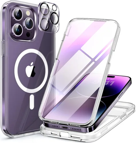 Vista 193 de Miracase Funda magnética para iPhone 14 de 6.1 pulgadas, protector de pantalla de vidrio templado integrado + protector de lente, compatible