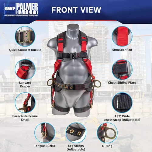 Vista 3 de Palmer Safety Kit de protección contra caídas, arnés de seguridad de 5 puntos, cordón de doble pierna de 6 pies, extensor de anillo en D de 18 Azul