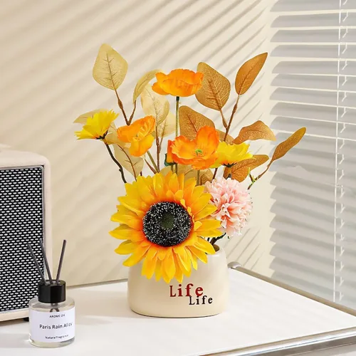 Vista 4 de Emivery Arreglo floral artificial de otoño, amapolas de girasol de seda con maceta de cerámica, flores sintéticas en maceta para centros de mesa