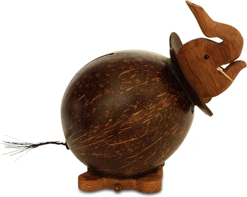 Vista 3 de G6 Collection Único hecho a mano de madera de concha de coco lindo elefante, alcancía hecha a mano, rústica, tallada a mano, decorativo, ahorra