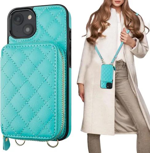 Vista 12 de Bocasal Funda tipo cartera cruzada para iPhone 14 Plus, bloqueo RFID, de piel sintética, con cremallera, funda tipo cartera con función atril y Negro