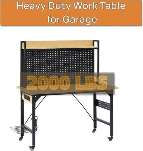 Vista 8 de Banco de trabajo de altura ajustable resistente de 48 pulgadas con tablero de clavijas, banco de trabajo de madera de capacidad de 2000 libras