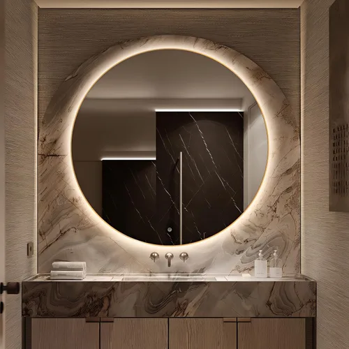 Vista 13 de Espejo de Baño LED Redondo de 24", Espejo de Tocador Retroiluminado Montado en Pared con Marco Biselado de 45°, Espejo Iluminado para Dormitorio