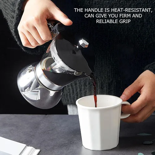 Vista 4 de Cafetera para estufa, olla de acero inoxidable, 4 tazas de acero inoxidable, cafetera de moka para cocina, suministros de cocina