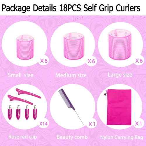 Vista 2 de Juego de rodillos para el cabello, rodillos de autoagarre jumbo con clips para cabello largo, mediano y corto (18 piezas)