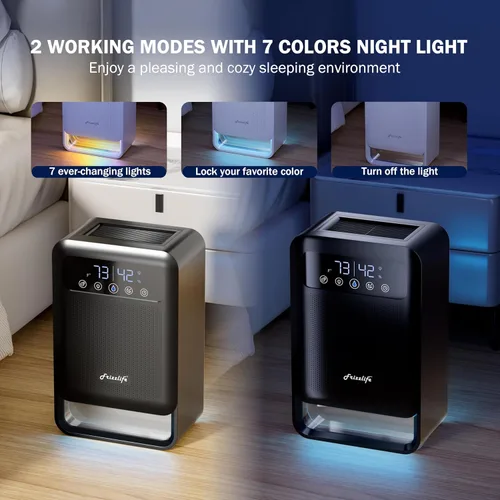 Vista 5 de Frizzlife Deshumidificador de aire, tanque de agua de 135 onzas con función purificadora, deshumidificadores pequeños silenciosos con modo