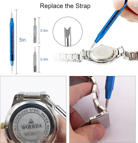 Vista 3 de Kit de herramientas de repuesto para reloj, juego de herramientas de barra de resorte profesional, 210 piezas de eslabones de reloj, correa, correa