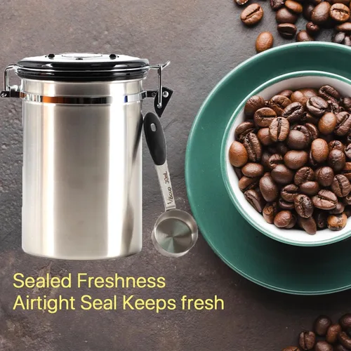 Vista 5 de Recipiente de café hermético de 1.8 L, recipiente de almacenamiento de café de 26 onzas, tarro de café hermético de acero inoxidable con cuchara