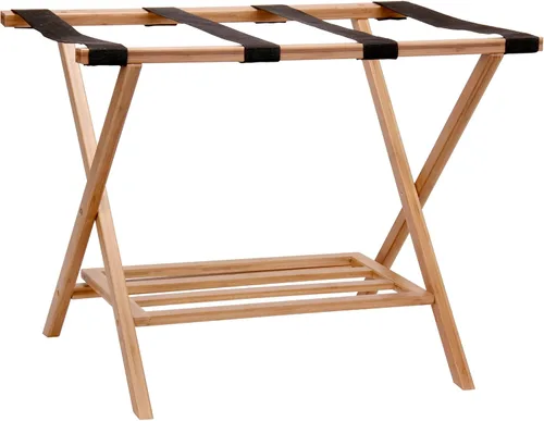 Household Essentials Fully Assembled Folding Luggage Rack with Lower Storage Shelf | Bamboo Frame with Black Straps