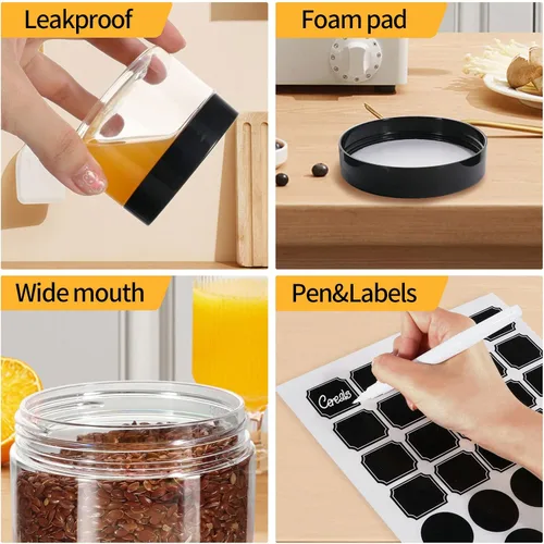 Vista 4 de EkkoVla Paquete de 48 tarros de plástico transparente de 4 onzas con boca ancha y tapas negras sin BPA, tarro de almacenamiento recargable multiusos