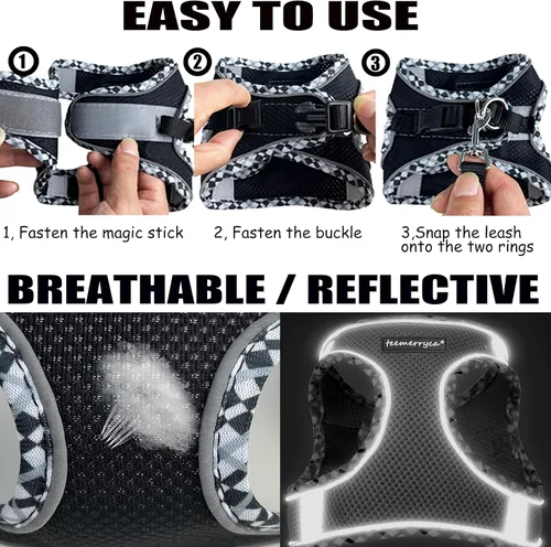 Vista 3 de TEEMERRYCA Juego de arnés y correa para perro pequeño, fácil de poner y quitar, chaleco reflectante ajustable para cachorros y perros y gatitos