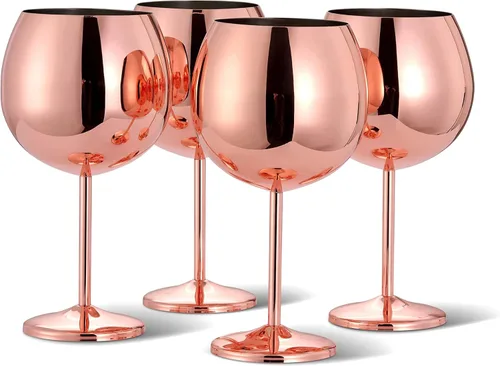 Oak & Steel - Juego de 4 vasos grandes de ginebra y tónico de 24 onzas (oro rosa) de acero inoxidable, vasos de globo, cóctel de ginebra para bodas,