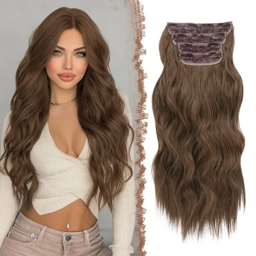 Vista 17 de FESHFEN Extensiones de cabello con clip - 4 piezas Extensiones de cabello sintético ondulado largo y grueso con clip para cabeza completa