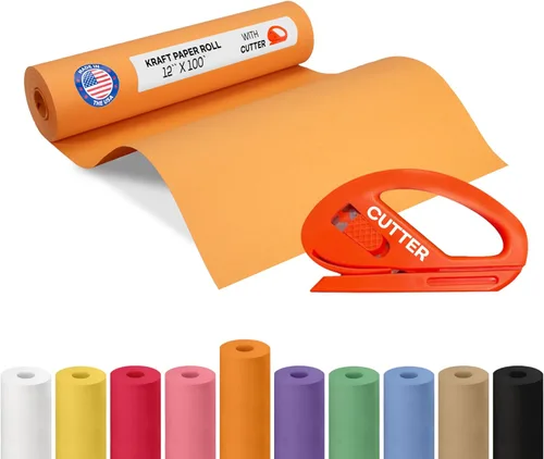 Vista 105 de Rollo de papel kraft amarillo de 36" x 1200" (100 pies) con cortador - Papel de regalo hecho en EE. UU. para embalaje, mudanza, envío