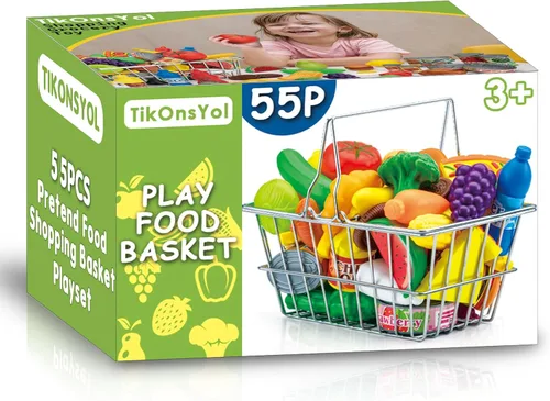 Vista 8 de 55 piezas de juego de alimentos de simulación de tienda de comestibles con cesta de compras para niños, niños pequeños de 1 a 3 y 4 a 8 años