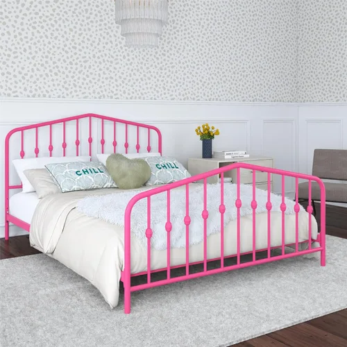 Vista 22 de Novogratz Bushwick - Marco de cama Queen de metal con cabecera ligeramente triangular, husillos insertados, base ajustable para almacenamiento,