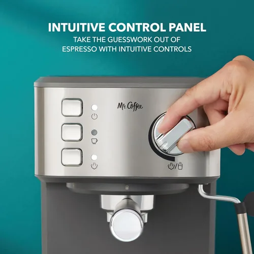 Vista 3 de Mr. Coffee Máquina de café expreso compacta, máquina de café expreso con varita de vapor, máquina de café expreso automática con bomba de 15
