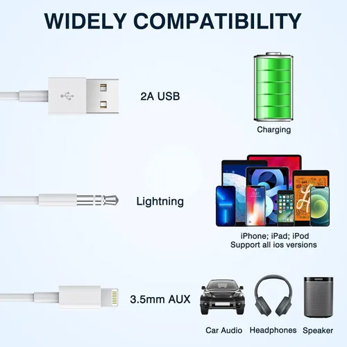 Vista 6 de iSkey Cable auxiliar para iPhone, cable auxiliar 2 en 1 de 0.138 in para automóvil con cable de carga compatible con iPhone 13, 12, 11, XS, XR, X