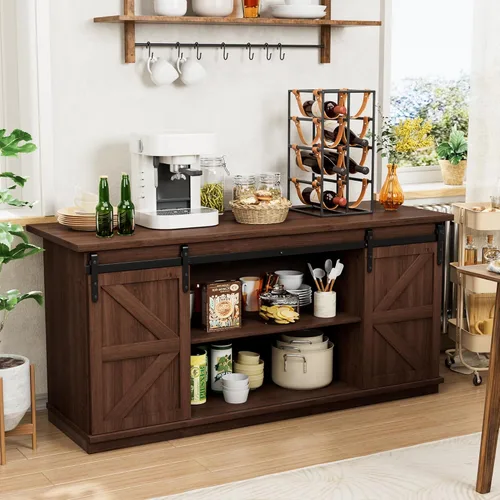 Vista 7 de Shahoo Aparador de estilo rústico para bufé, almacenamiento de barra de café con puertas corredizas de granero, estante para el comedor del hogar