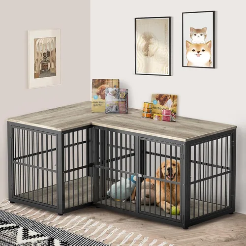Vista 13 de Lyromix 94.48'' Mueble de jaula para perros de raza grande con soporte para TV de dos habitaciones, mesa auxiliar de jaula para perros de madera