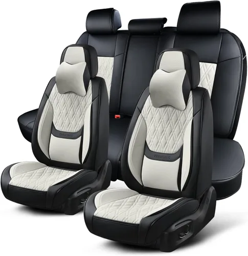 Vista 20 de Fundas de asiento delantero de automóvil, par de fundas de asiento delantero de cuero transpirable con reposacabezas, funda universal de asiento