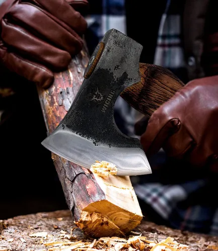 Vista 3 de Hacha de camping – Hacha de corte de 21 pulgadas para división de madera y leña, acero 1055 de alto carbono y mango de madera de haya, con funda