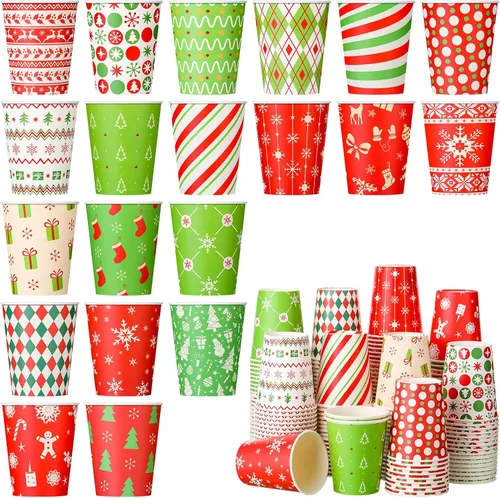 Vista 8 de Umigy 100 vasos de papel de Navidad a granel desechables de 9 onzas, tazas de café de chocolate caliente, medias de árbol de Navidad, pan