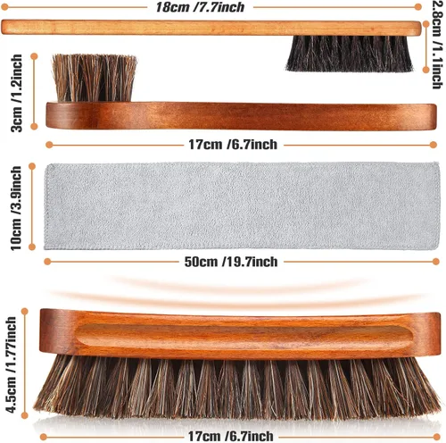 Vista 3 de Kit de 4 cepillos para zapatos de pelo de caballo, aplicadores de limpieza de piel, botas, cepillos de cuidado de gamuza con paño de microfibra