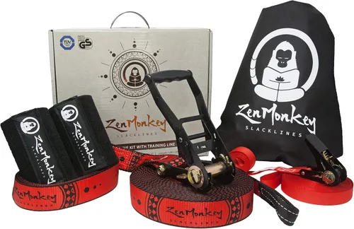 Kit de Slackline ZenMonkey con línea de entrenamiento superior, entrenador de brazo, protectores de árbol, bolsa de transporte de tela y