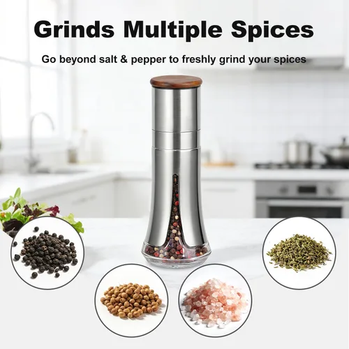 Vista 6 de Aelga Pepper Mill - 4oz Stainless Steel Pepper Grinder Manual with 5-Level Adjustable Coarseness, Wood Lid, Silicone Funnel
