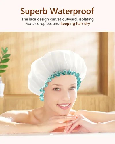 Vista 5 de mikimini Gorros de ducha blancos para mujer, 2 unidades, tamaño grande, reutilizables, impermeables, lavables, para mujeres y niñas, súper lindos