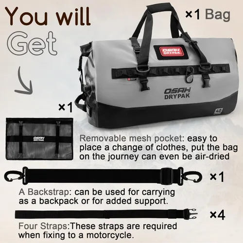 Vista 8 de Bolsa de lona impermeable 25L40L60L Bolsa trasera de motocicleta resistente, bolsa seca enrollable para viajes, camping, canotaje, kayak, aventura