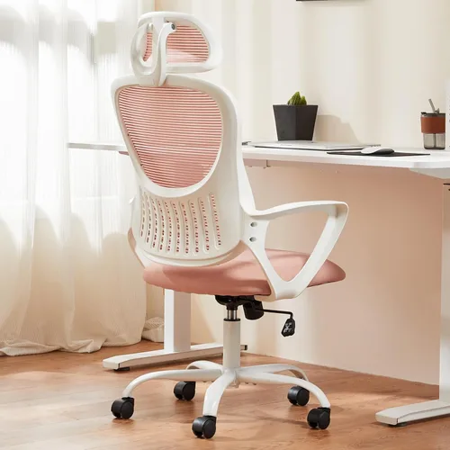 Vista 10 de Sweetcrispy Silla de escritorio para computadora de oficina, ergonómica, con respaldo alto, de malla, con ruedas y reposacabezas ajustables, cómodo