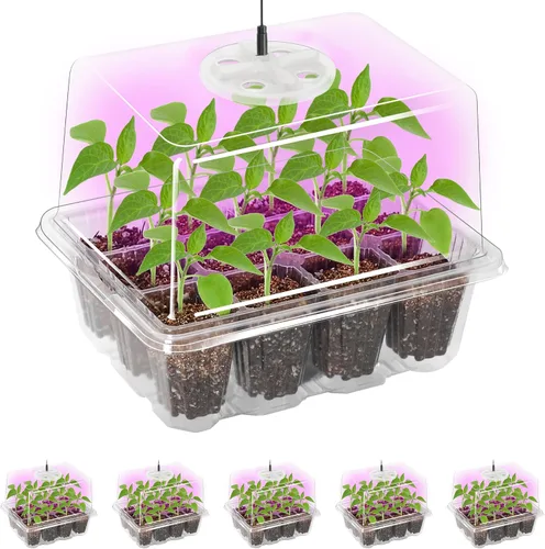 Vista 9 de Bonviee Paquete de 2 bandejas de inicio de semillas con luz para plantas, kits de bandejas de inicio de plántulas elevadas con cúpulas de humedad