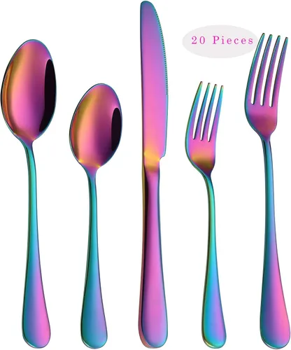 VANDBAO Rainbow - Juego de cubiertos de 20 piezas, utensilios coloridos de acero inoxidable, juego de vajilla para 4, incluye cuchillo,