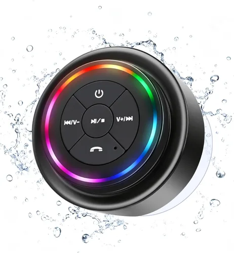 PEDVSTY Altavoz de ducha Bluetooth impermeable, mini altavoz inalámbrico portátil con luces LED, ventosa, flotante, sonido de cristal, para baño,