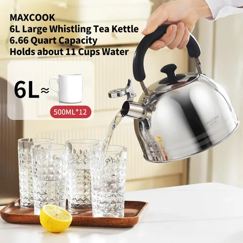 Vista 5 de Hervidor de Té, 5.7QT 6L Hervidor de Té Silbante para Estufa, Olla de Té de Acero Inoxidable 304, Olla de Té Grande para Estufa, Hervidor de Camping