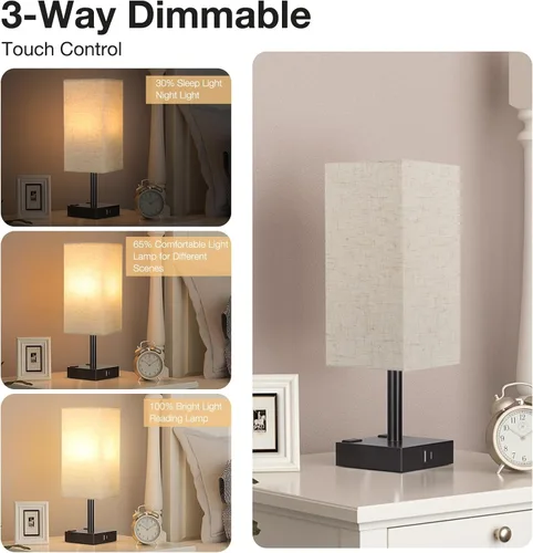 Vista 3 de Lámpara de Mesa de Noche con Base Negra y Pantalla Beige, Control Táctil, Puertos de Carga USB C+A y Enchufes AC Duales, Lámpara de Mesita de Noche