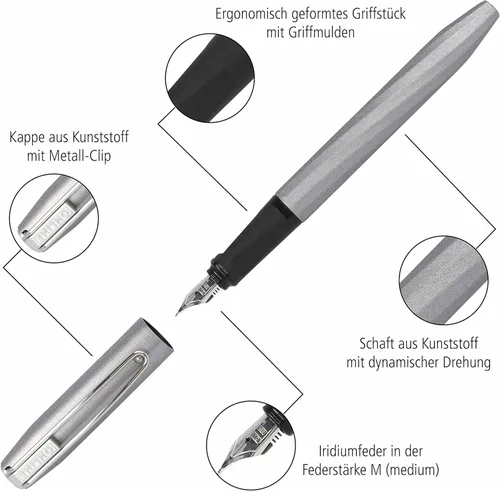 Vista 3 de Online Slope Metallic Grey Fountain Pen with Ergonomic Grip, High-Quality Iridium Nib Medium, Standard Ink Cartridges, Includes Combination