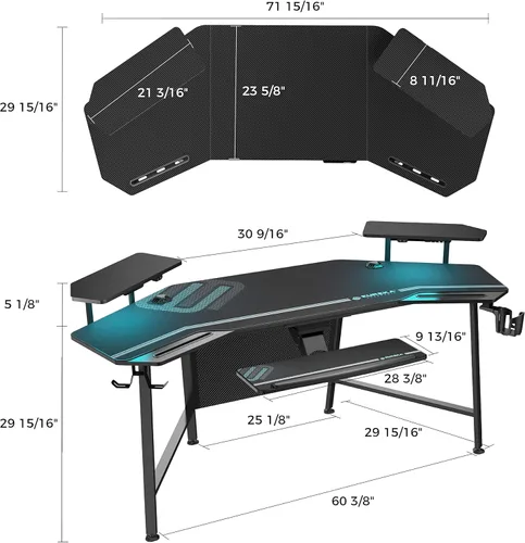 Vista 6 de EUREKA ERGONOMIC Escritorio de estudio de música en forma de ala de 72 pulgadas, escritorio grande para juegos con luces LED, bandeja para teclado