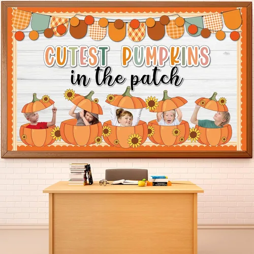 Vista 32 de Tablero de anuncios de girasol de otoño 3D para aula, bordes a cuadros marrones con papel de otoño 3D, girasol, nos encanta el otoño, sobre todo