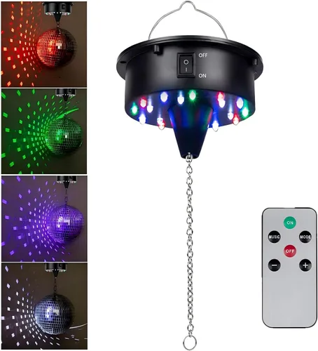 Motor giratorio de bola de discoteca con luz: funciona con pilas de 6 RPM con espejo colgante giratorio - 18RGBW LED Light Up 4, 6, 8, 12 pulgadas